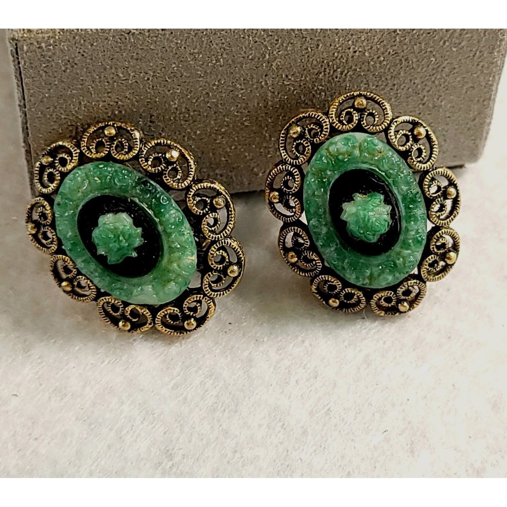 Tortolani Vintage Faux Jade Filigree Clip Earrings Asian Revival Gold Plate